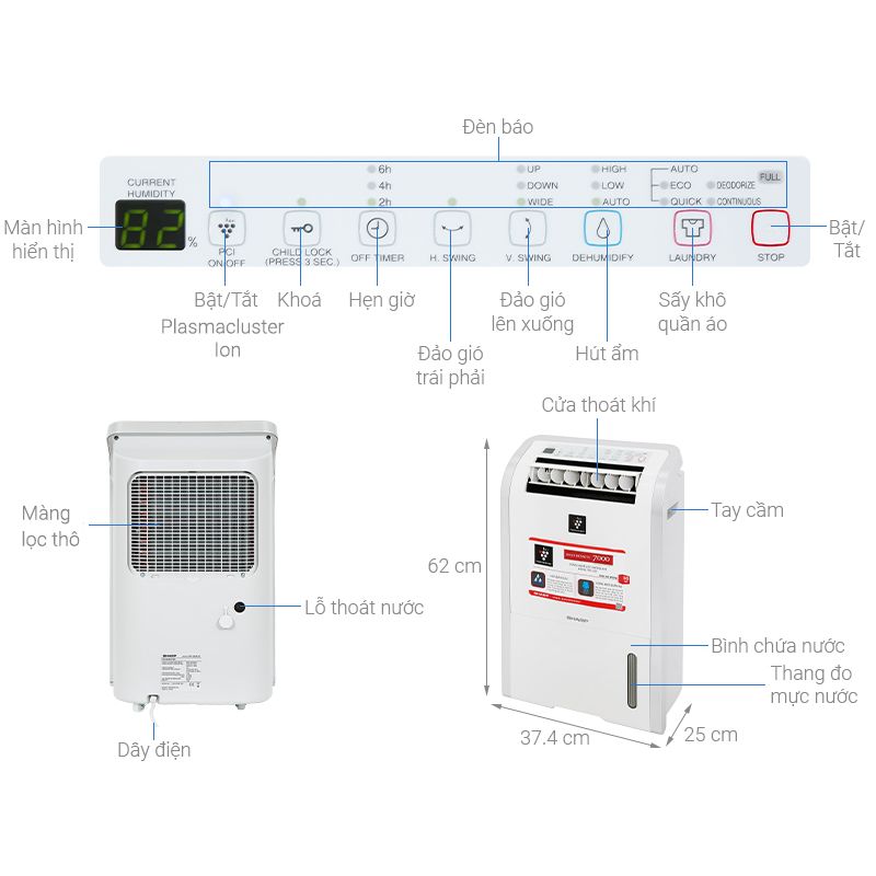 Kích thước máy hút ẩm Sharp DW-D20A-W Kích thước máy hút ẩm Sharp DW-D20A-W