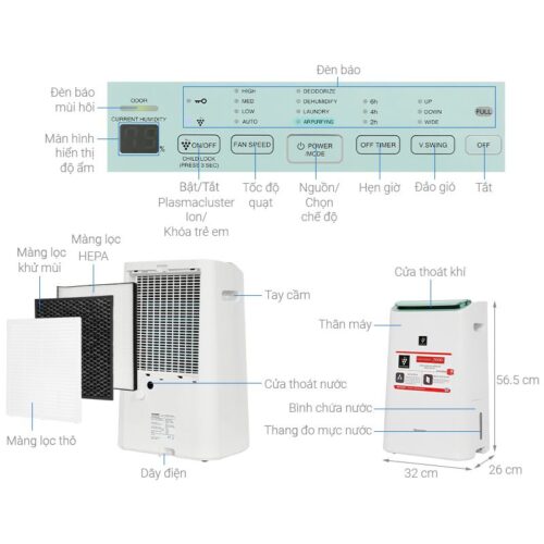 Máy lọc không khí và hút ẩm Sharp DW-E16FA-W 5 Kích thước máy lọc không khí và hút ẩm Sharp DW-E16FA-W
