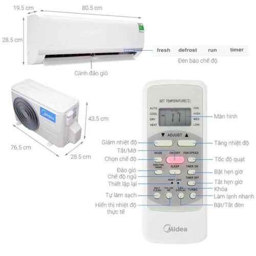 Điều hòa 1 chiều Midea MSAFII-24CRN8 4 kich thuoc dieu hoa 1 chieu midea msafii 24crn8