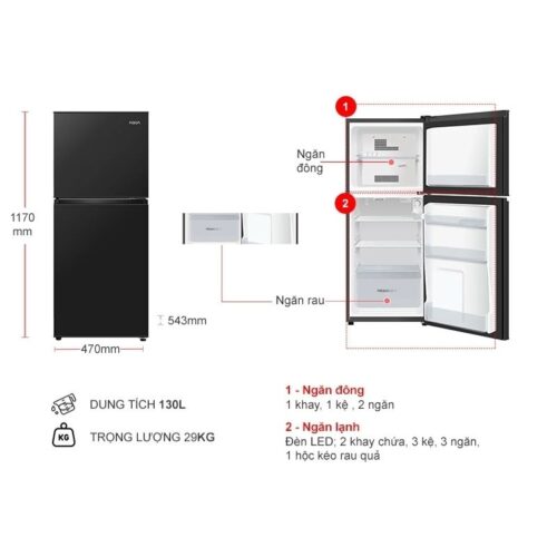Tủ Lạnh 2 cánh 130 Lít Aqua AQR-T160FA(BS) 4 kich thuoc tu lanh 2 canh 130 lit aqua aqr t160fabs