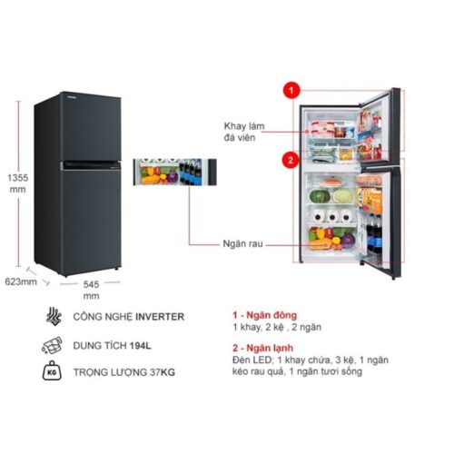 Tủ Lạnh 2 cánh Inverter 194 Lít Toshiba GR-RT252WE-PMV(52) 4 kich thuoc tu lanh 2 canh inverter 194 lit toshiba gr rt252we pmv52