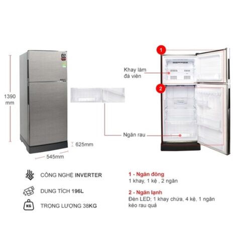 Tủ Lạnh 2 cánh Inverter 196 Lít Sharp SJ-X201E-DS 4 kich thuoc tu lanh 2 canh inverter 196 lit sharp sj x201e ds
