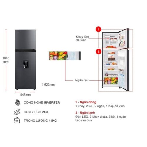 Tủ Lạnh 2 cánh Inverter 249 Lít Toshiba GR-RT325WE-PMV(06)-MG 4 kich thuoc tu lanh 2 canh inverter 249 lit toshiba gr rt325we pmv06 mg