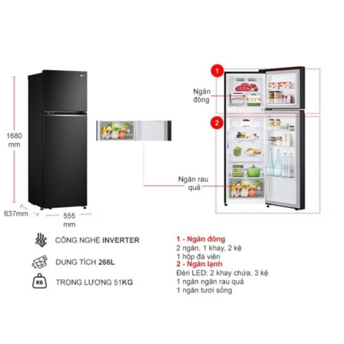 Tủ Lạnh 2 cánh Inverter 266 Lít LG GV-B262BL 5 kich thuoc tu lanh 2 canh inverter 266 lit lg gv b262bl