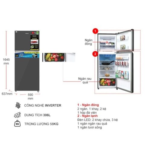 Tủ Lạnh 2 cánh Inverter 306 Lít Panasonic NR-TV341VGMV 4 kich thuoc tu lanh 2 canh inverter 306 lit panasonic nr tv341vgmv