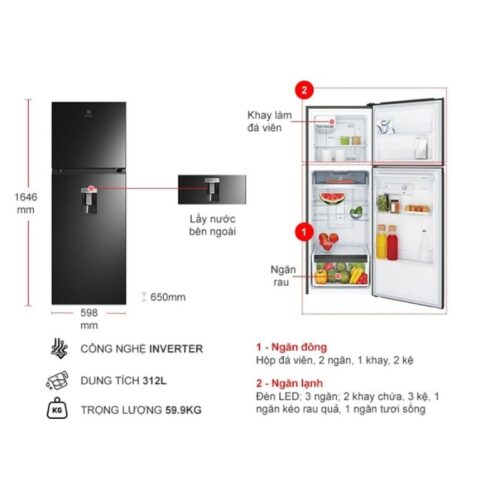 Tủ Lạnh 2 cánh Inverter 312 Lít Electrolux ETB3440M-H 4 kich thuoc tu lanh 2 canh inverter 312 lit electrolux etb3440m h