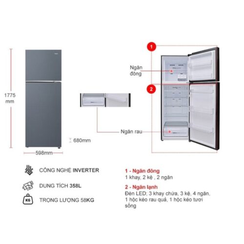 Tủ Lạnh 2 cánh Inverter 358 Lít Aqua AQR-T410FA(SL) 4 kich thuoc tu lanh 2 canh inverter 358 lit aqua aqr t410fasl