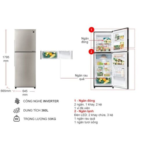 Tủ Lạnh 2 cánh Inverter 360 Lít Sharp SJ-XP382AE-SL 4 kich thuoc tu lanh 2 canh inverter 360 lit sharp sj xp382ae sl