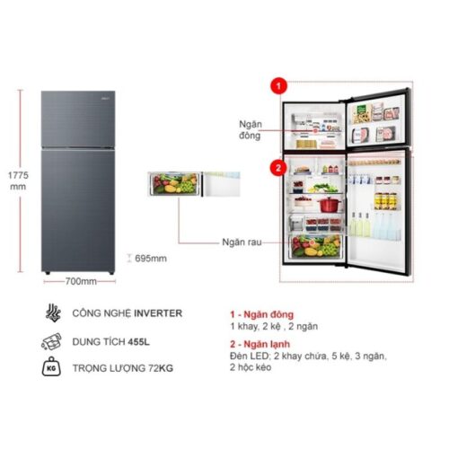 Tủ Lạnh 2 cánh Inverter 455 Lít Aqua AQR-TA518FA(SL) 4 kich thuoc tu lanh 2 canh inverter 455 lit aqua aqr ta518fasl