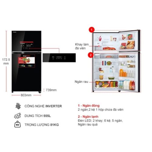 Tủ Lạnh 2 cánh Inverter 555 Lít Toshiba GR-AG58VA (XK) 4 kich thuoc tu lanh 2 canh inverter 555 lit toshiba gr ag58va xk