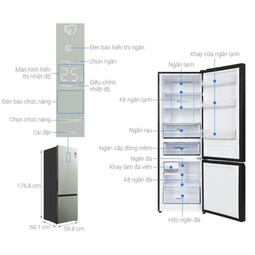 Tủ lạnh 2 cánh ngăn đá dưới Inverter 324 lít Aqua AQR-B380MA(GM) 4 kich thuoc tu lanh 2 canh ngan da duoi inverter 324 lit aqua aqr b380ma gm
