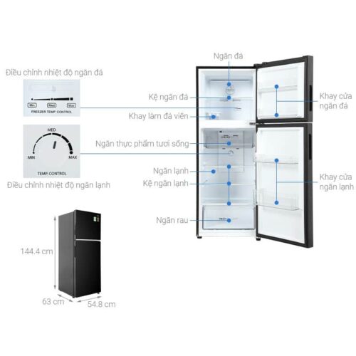 Tủ lạnh 2 cánh ngăn đá trên Inverter 245 lít Aqua AQR-T259FA(FB) 4 kich thuoc tu lanh 2 canh ngan da tren inverter 245 lit aqua aqr t259fa fb