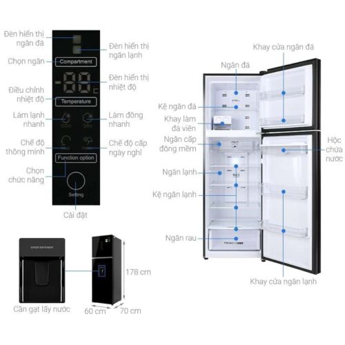 Tủ lạnh 2 cánh ngăn đá trên Inverter 347 lít Aqua AQR-T389FA(WGB) 4 kich thuoc tu lanh 2 canh ngan da tren inverter 347 lit aqua aqr t389fa wgb