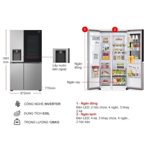 Tủ Lạnh 2 cánh side by side Inverter 635 Lít LG GR-G257SV 5 kich thuoc tu lanh 2 canh side by side inverter 635 lit lg gr g257sv