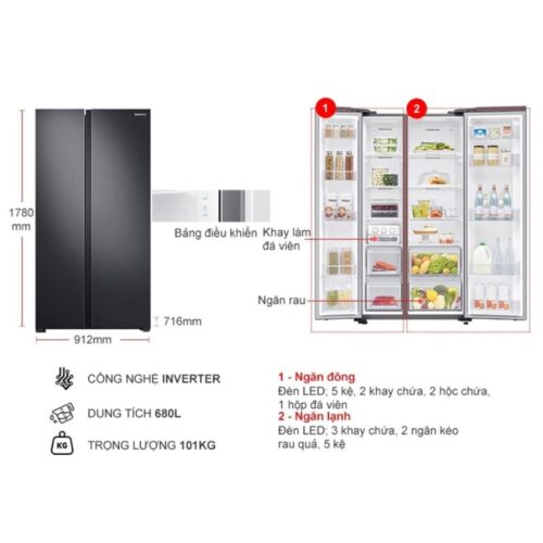 Tủ Lạnh 2 cánh side by side Inverter 680 Lít Samsung RS62R5001B4/SV 6 kich thuoc tu lanh 2 canh side by side inverter 680 lit samsung rs62r5001b4 sv
