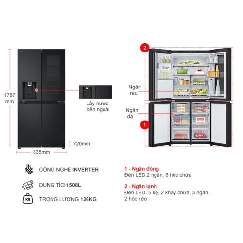 Tủ Lạnh 4 cánh Multi Door Inverter 508 Lít LG LFI50BLMAI 5 kich thuoc tu lanh 4 canh multi door inverter 508 lit lg lfi50blmai
