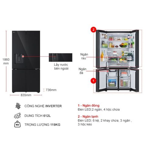 Tủ Lạnh 4 cánh Multi Door Inverter 612 Lít LG LFD61BLGAI 5 kich thuoc tu lanh 4 canh multi door inverter 612 lit lg lfd61blgai