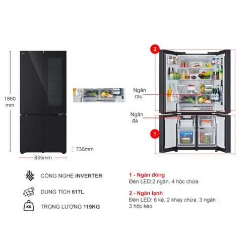 Tủ Lạnh 4 cánh Multi Door Inverter 617 Lít LG LFB61BLGAI 5 kich thuoc tu lanh 4 canh multi door inverter 617 lit lg lfb61blgai