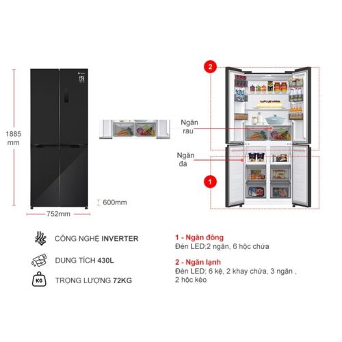 Tủ Lạnh 4 cánh Multi Doors Inverter 430 Lít Casper RM-430PB 4 kich thuoc tu lanh 4 canh multi doors inverter 430 lit casper rm 430pb