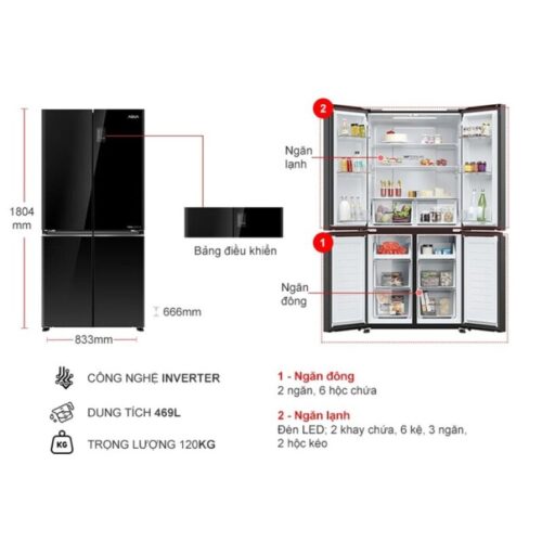 Tủ Lạnh 4 cánh Multi Doors Inverter 469 Lít Aqua AQR-M536XA(GB) 4 kich thuoc tu lanh 4 canh multi doors inverter 469 lit aqua aqr m536xagb