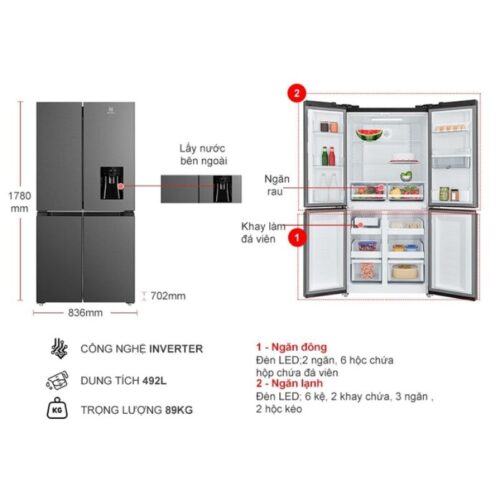 Tủ Lạnh 4 cánh Multi Doors Inverter 492 Lít Electrolux EQE4960A-B 4 kich thuoc tu lanh 4 canh multi doors inverter 492 lit electrolux eqe4960a b