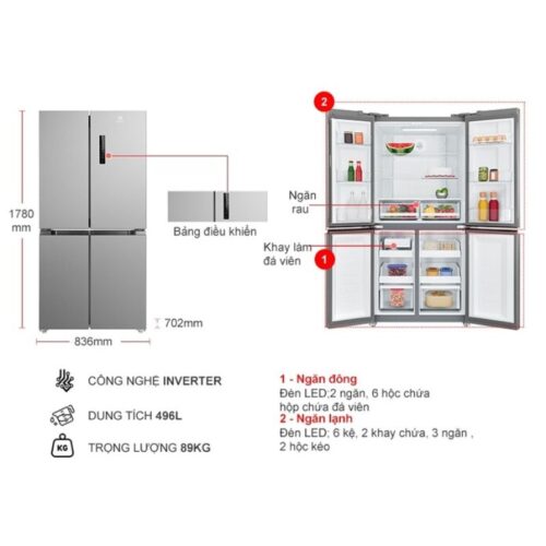 Tủ Lạnh 4 cánh Multi doors Inverter 496 Lít Electrolux EQE4900A-A 4 kich thuoc tu lanh 4 canh multi doors inverter 496 lit electrolux eqe4900a a