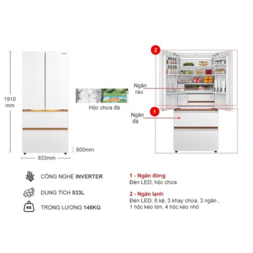 Tủ Lạnh 4 cánh Multi doors Inverter 533 Lít Toshiba GR-RF690WI-PGV(67) 4 kich thuoc tu lanh 4 canh multi doors inverter 533 lit toshiba gr rf690wi pgv67