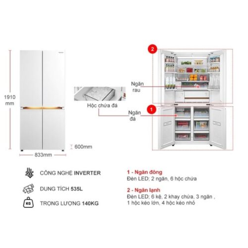 Tủ Lạnh 4 cánh Multi doors Inverter 535 Lít Toshiba GR-RF695WI-PGV(67) 4 kich thuoc tu lanh 4 canh multi doors inverter 535 lit toshiba gr rf695wi pgv67