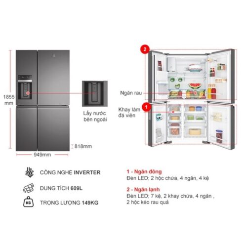 Tủ Lạnh 4 cánh Multi Doors Inverter 609 Lít Electrolux EQE6879A-B 4 kich thuoc tu lanh 4 canh multi doors inverter 609 lit electrolux eqe6879a b