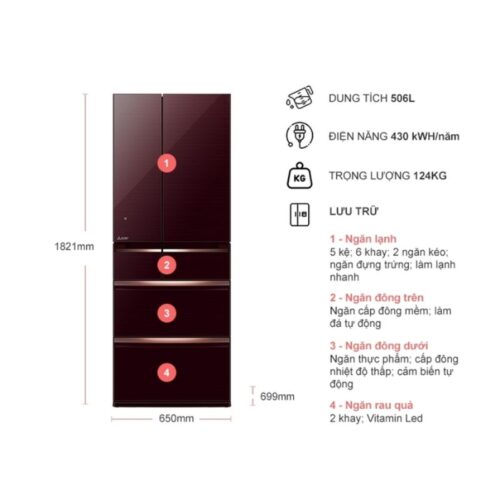 Tủ Lạnh 6 cánh Multi doors Inverter 506 Lít Mitsubishi MR-WX52D-BR-V 4 kich thuoc tu lanh 6 canh multi doors inverter 506 lit mitsubishi mr wx52d br v