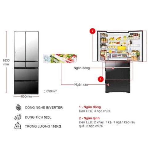 Tủ lạnh Hitachi Inverter 520 lít R-HW530NV X 5 kich thuoc tu lanh hitachi inverter 520 lit r hw530nv x