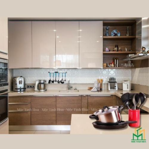 Mẫu tủ bếp Inox cánh kính cường lực CKCL02 - Tủ bếp chữ U, hiện đại