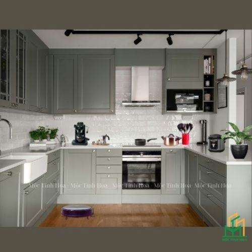 Mẫu tủ bếp Inox cánh kính cường lực CKCL07 - Tủ bếp chữ U, hiện đại