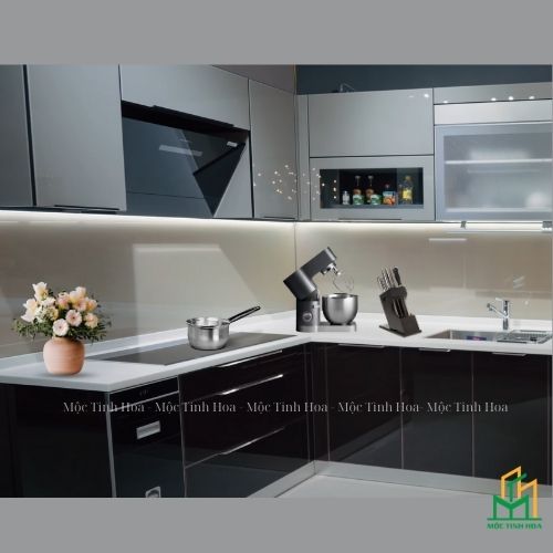 Mẫu tủ bếp Inox cánh kính cường lực CKCL16 - Tủ bếp chữ L, hiện đại