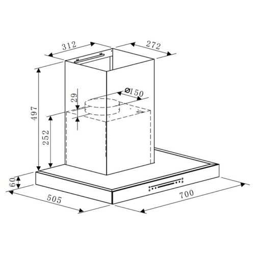 Máy hút mùi áp tường Hafele HC-W705B 533.87.377 3 kich thuoc may hut mui ap tuong hafele hc w705b 533.87.377