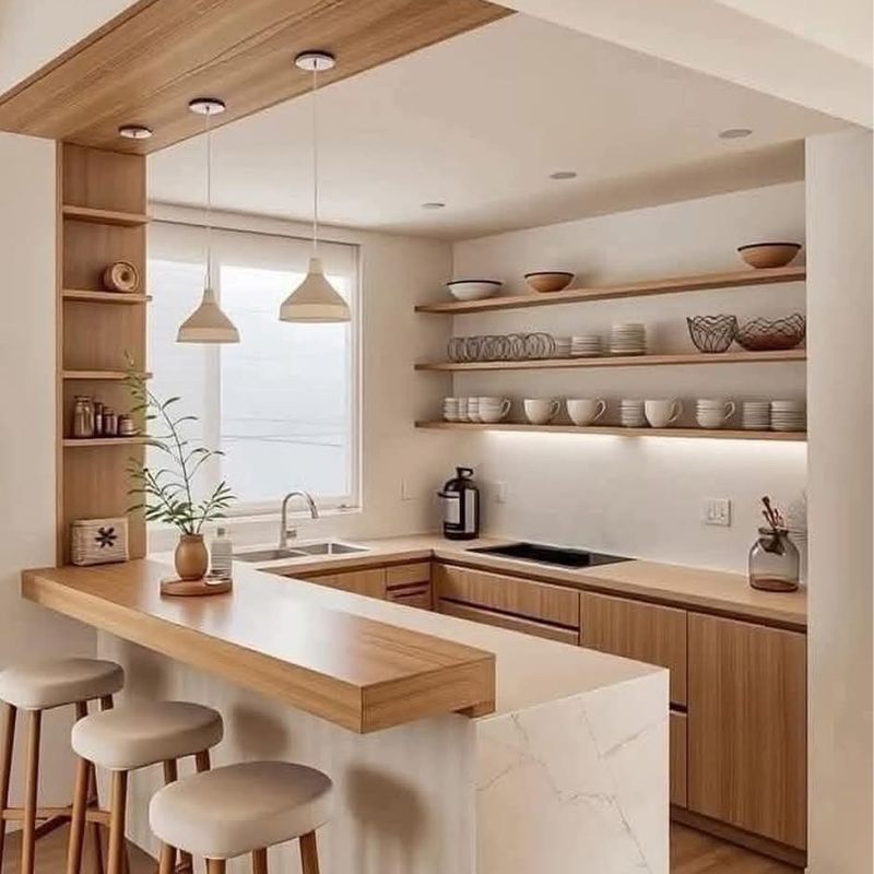 20+ mẫu tủ bếp chữ U thịnh hành nhất 2025 - Kích thước chuẩn, cách bố trí đẹp 9 Bếp chữ U thiết kế kết hợp quầy bar mini và cửa sổ lớn trên bồn rửa