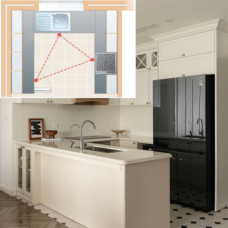 20+ mẫu tủ bếp chữ U thịnh hành nhất 2025 - Kích thước chuẩn, cách bố trí đẹp 5 Cách sắp xếp bếp chữ U theo nguyên tắc tam giác bếp