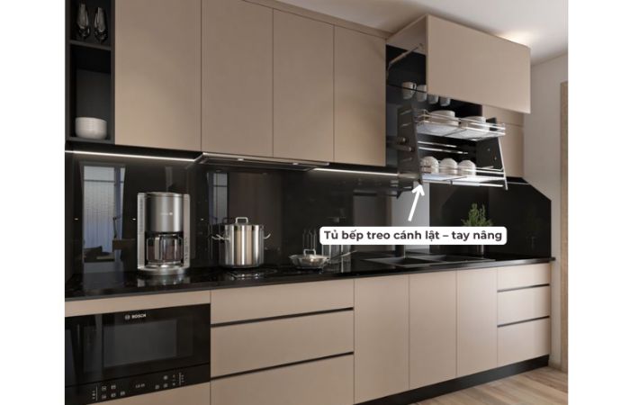 Phân loại tủ bếp treo tường: Kích thước chuẩn, chất liệu bền 4 Cánh tủ lật - tây nâng trong gian bếp hiện đại