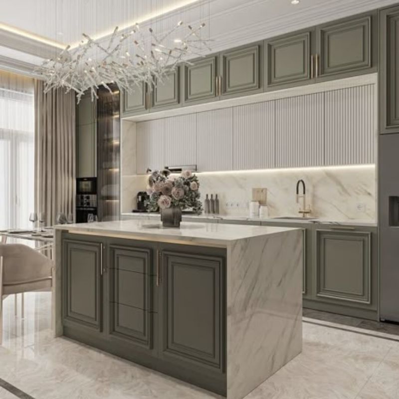 Tủ bếp tân cổ điển - Cập nhật chất liệu, xu hướng thiết kế 2025 7 Đảo bếp kết hợp mặt đá cực kỳ sang trọng cho gian bếp tân cổ điển