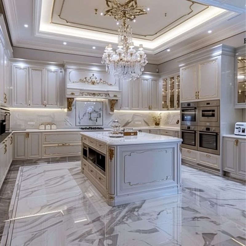 Tủ bếp tân cổ điển - Cập nhật chất liệu, xu hướng thiết kế 2025 9 Đảo bếp tích hợp lò vi sóng và bồn rửa, lắp đặt tại biệt thự cao cấp