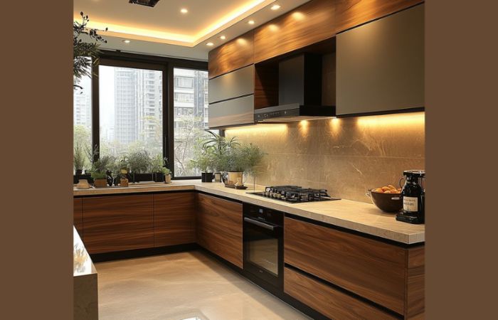Tủ bếp thông minh: Top mẫu thiết kế HOT – Báo giá tốt 2025 14 Không gian bếp chữ L được tích hợp thêm hệ thống chiếu sáng thông minh dưới hộc tủ tạo sự ấm cúng và sang trọng cho căn bếp