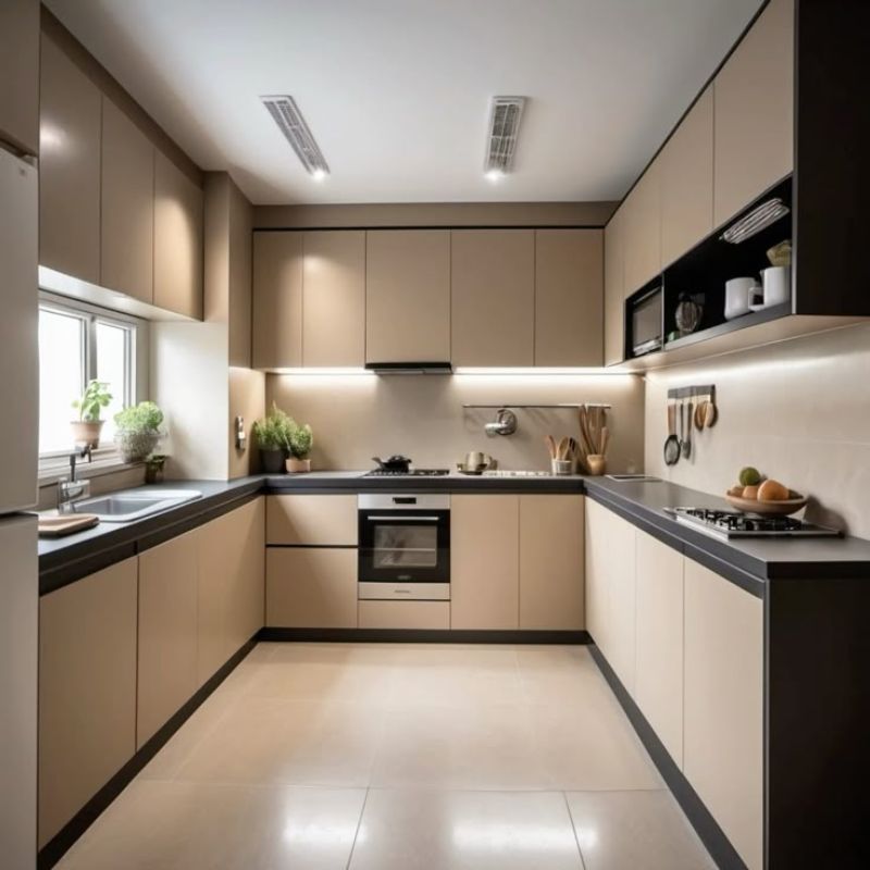 20+ mẫu tủ bếp chữ U thịnh hành nhất 2025 - Kích thước chuẩn, cách bố trí đẹp 17 Không gian bếp hiện đại với tủ inox cánh gỗ, vừa đủ cho 2-3 người cùng vào bếp nấu