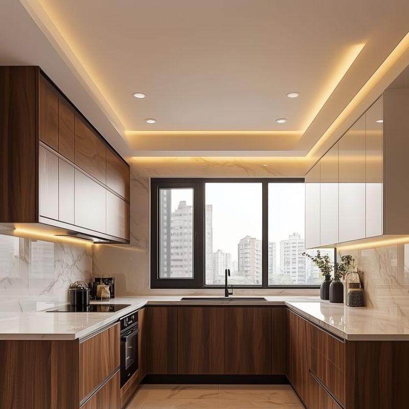 20+ mẫu tủ bếp chữ U thịnh hành nhất 2025 - Kích thước chuẩn, cách bố trí đẹp 4 Thiết kế bếp cho căn hộ chung cư cánh tủ gỗ hiện đại, kết hợp cửa sổ thông thoáng