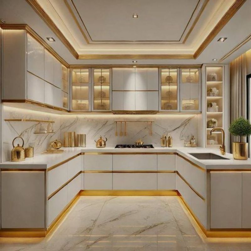 20+ mẫu tủ bếp chữ U thịnh hành nhất 2025 - Kích thước chuẩn, cách bố trí đẹp 2 Thiết kế bếp chữ U cho biệt thự với tông màu trắng - vàng gold, kèm đèn âm ở dưới tủ bếp trên tăng độ ấm cho gian bếp