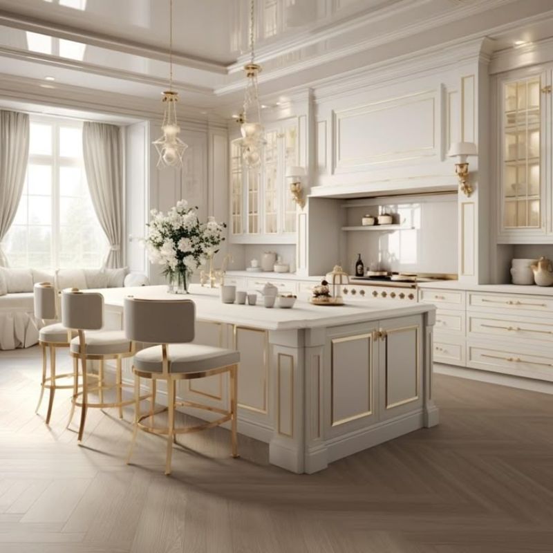 Tủ bếp tân cổ điển - Cập nhật chất liệu, xu hướng thiết kế 2025 8 Tủ bếp chữ i kết hợp đảo bếp phong cách tân cổ điển