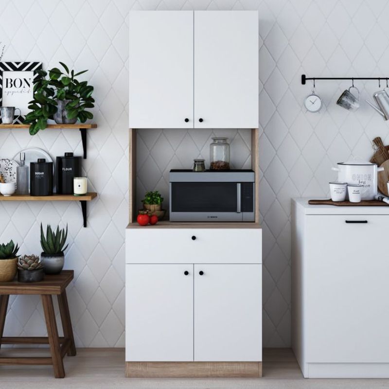 Tủ bếp rời - Top 10 mẫu được yêu thích, thịnh hành nhất 2025 18 Tủ bếp rời màu trắng gỗ công nghiệp đặt lò vi sóng và một số đồ dùng cần thiết tại văn phòng