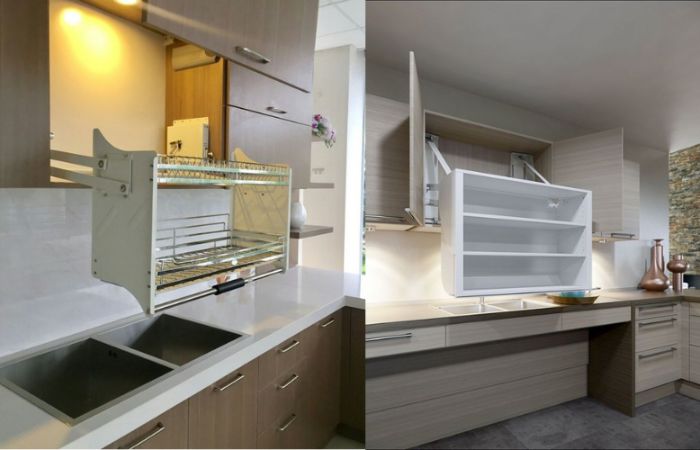 Phân loại tủ bếp treo tường: Kích thước chuẩn, chất liệu bền 6 Tủ bếp treo có giá bát nâng hạ