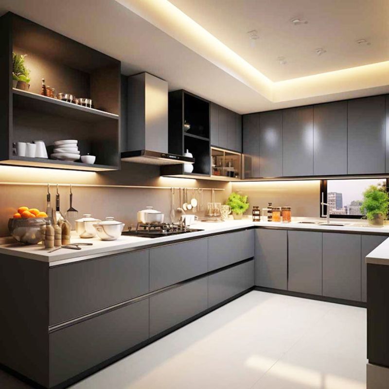 20+ mẫu tủ bếp chữ U thịnh hành nhất 2025 - Kích thước chuẩn, cách bố trí đẹp 21 Tủ nhựa phủ Acrylic bóng gương cho nhà phố diện tích bếp 15m2