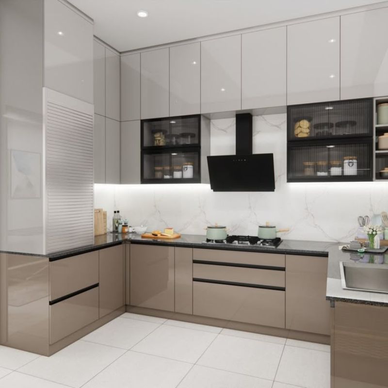 20+ mẫu tủ bếp chữ U thịnh hành nhất 2025 - Kích thước chuẩn, cách bố trí đẹp 22 Tủ nhựa phủ acrylic bóng gương cho gian bếp hiện đại, căn hộ chung cư cao cấp
