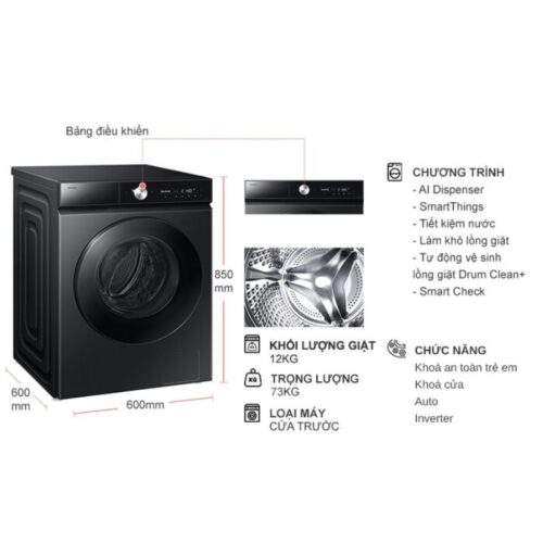 Máy Giặt Samsung Inverter 12 Kg WW12CB944DGBSV cửa trước 4 kich thuoc may giat samsung inverter 12 kg ww12cb944dgbsv cua truoc